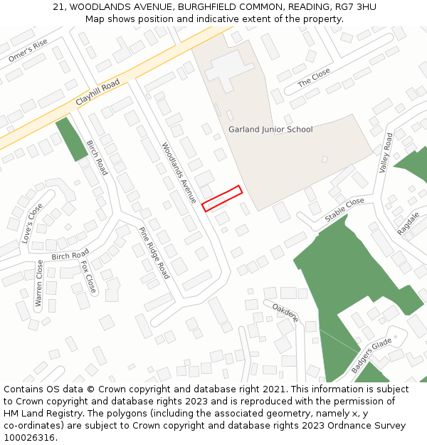 21, WOODLANDS AVENUE, BURGHFIELD COMMON, READING, RG7 3HU: Location map and indicative extent of plot