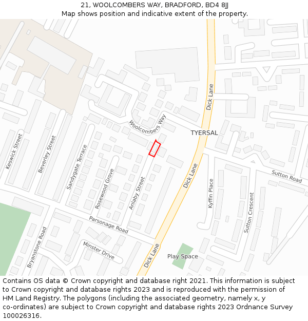 21, WOOLCOMBERS WAY, BRADFORD, BD4 8JJ: Location map and indicative extent of plot