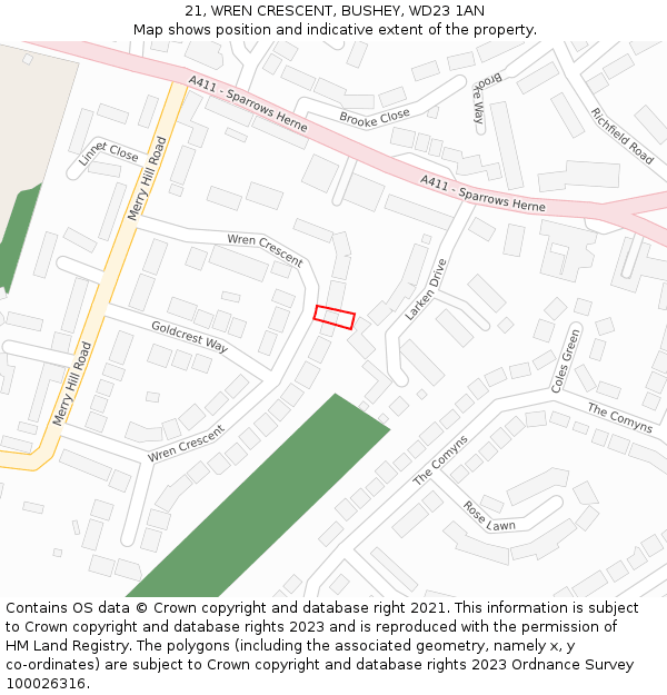 21, WREN CRESCENT, BUSHEY, WD23 1AN: Location map and indicative extent of plot