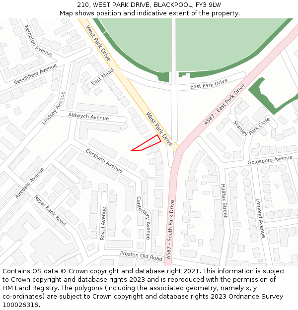 210, WEST PARK DRIVE, BLACKPOOL, FY3 9LW: Location map and indicative extent of plot