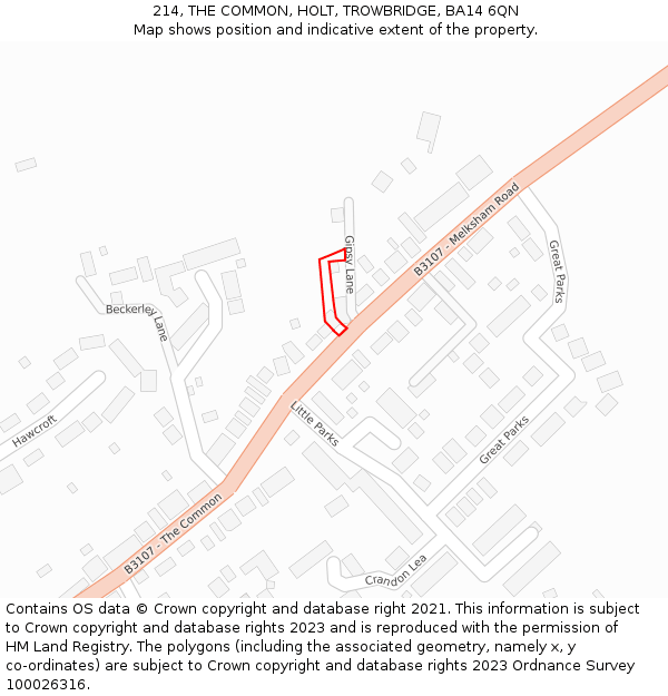 214, THE COMMON, HOLT, TROWBRIDGE, BA14 6QN: Location map and indicative extent of plot