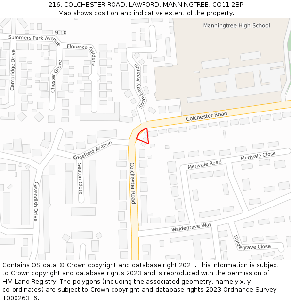 216, COLCHESTER ROAD, LAWFORD, MANNINGTREE, CO11 2BP: Location map and indicative extent of plot