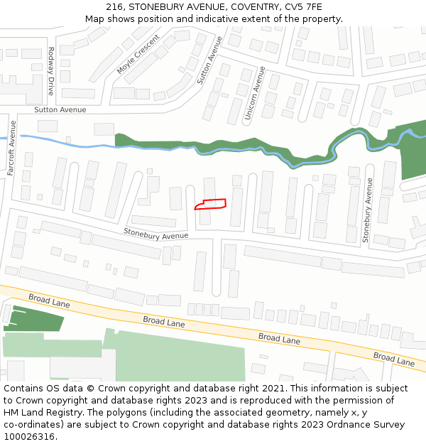 216, STONEBURY AVENUE, COVENTRY, CV5 7FE: Location map and indicative extent of plot