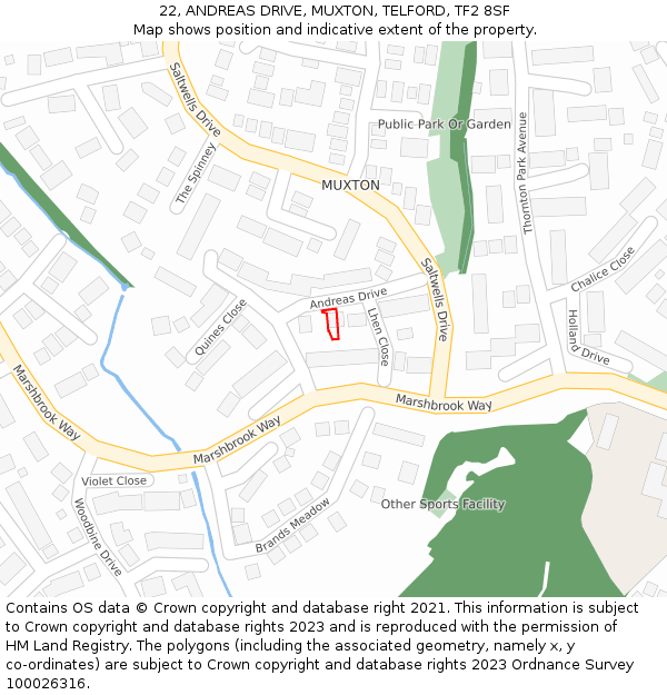 22, ANDREAS DRIVE, MUXTON, TELFORD, TF2 8SF: Location map and indicative extent of plot