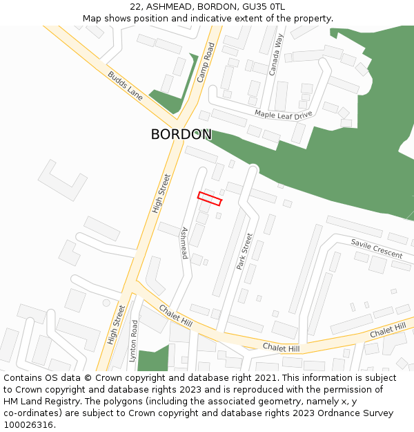 22, ASHMEAD, BORDON, GU35 0TL: Location map and indicative extent of plot