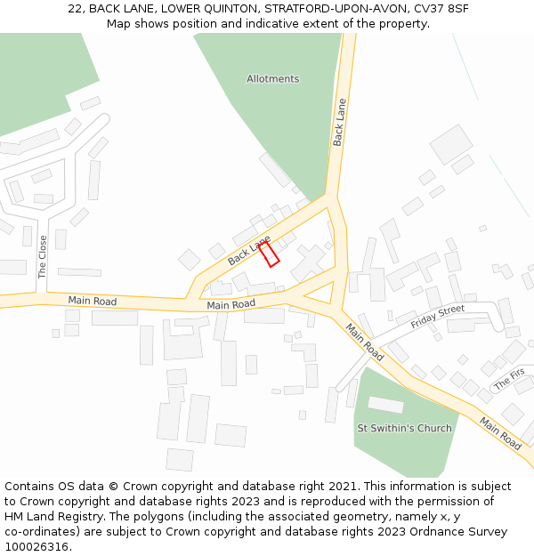 22, BACK LANE, LOWER QUINTON, STRATFORD-UPON-AVON, CV37 8SF: Location map and indicative extent of plot