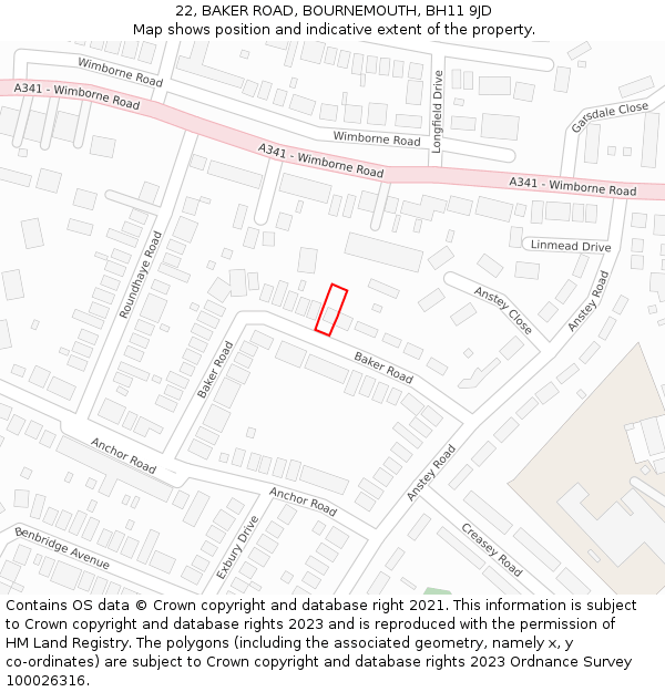 22, BAKER ROAD, BOURNEMOUTH, BH11 9JD: Location map and indicative extent of plot