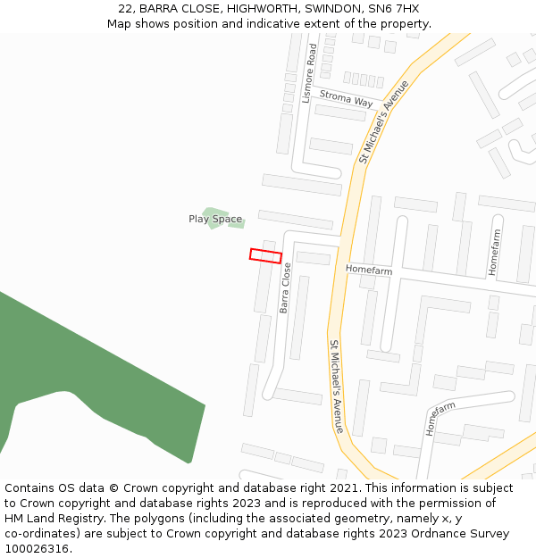 22, BARRA CLOSE, HIGHWORTH, SWINDON, SN6 7HX: Location map and indicative extent of plot