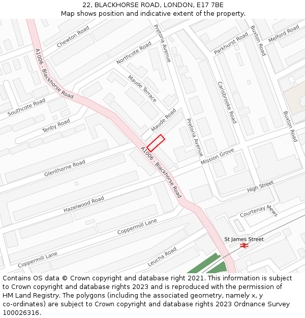 22, BLACKHORSE ROAD, LONDON, E17 7BE: Location map and indicative extent of plot