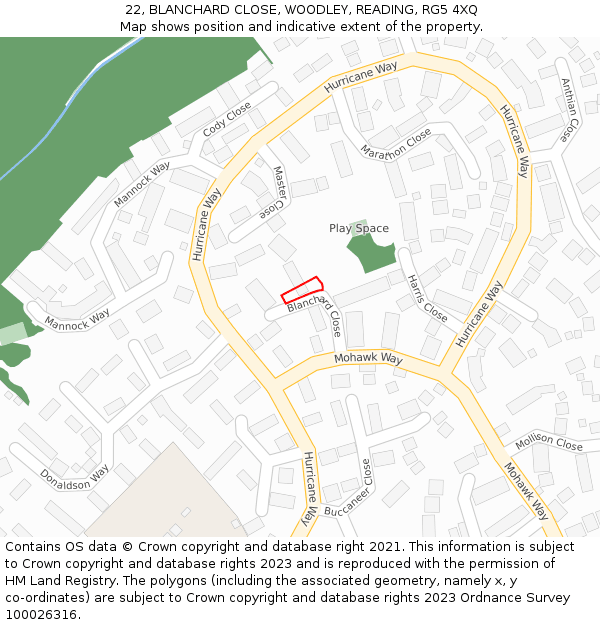 22, BLANCHARD CLOSE, WOODLEY, READING, RG5 4XQ: Location map and indicative extent of plot