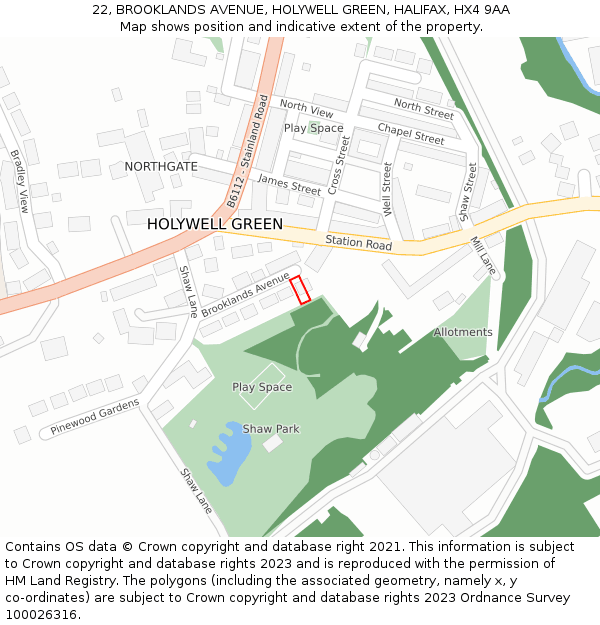 22, BROOKLANDS AVENUE, HOLYWELL GREEN, HALIFAX, HX4 9AA: Location map and indicative extent of plot