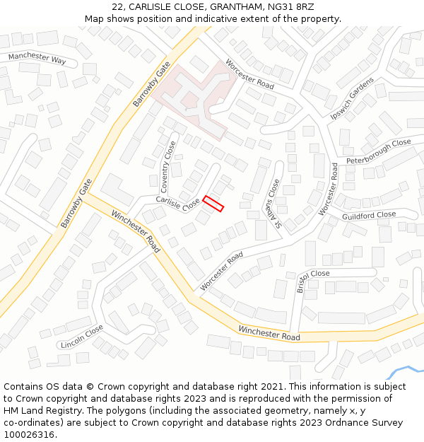 22, CARLISLE CLOSE, GRANTHAM, NG31 8RZ: Location map and indicative extent of plot