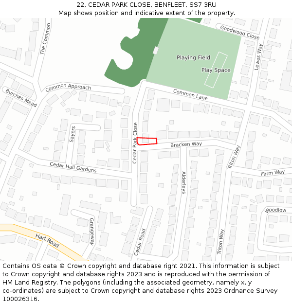 22, CEDAR PARK CLOSE, BENFLEET, SS7 3RU: Location map and indicative extent of plot
