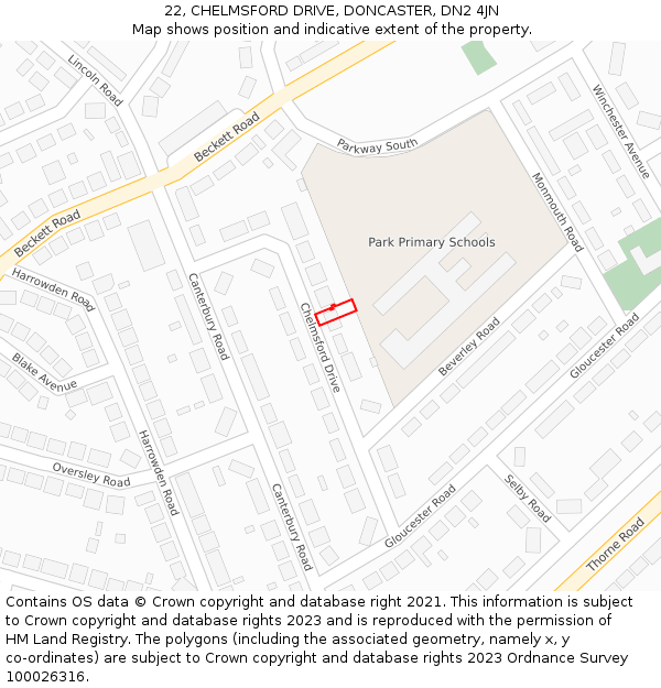 22, CHELMSFORD DRIVE, DONCASTER, DN2 4JN: Location map and indicative extent of plot