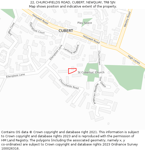 22, CHURCHFIELDS ROAD, CUBERT, NEWQUAY, TR8 5JN: Location map and indicative extent of plot