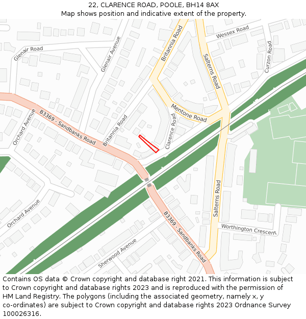 22, CLARENCE ROAD, POOLE, BH14 8AX: Location map and indicative extent of plot