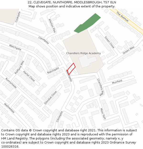 22, CLEVEGATE, NUNTHORPE, MIDDLESBROUGH, TS7 0LN: Location map and indicative extent of plot