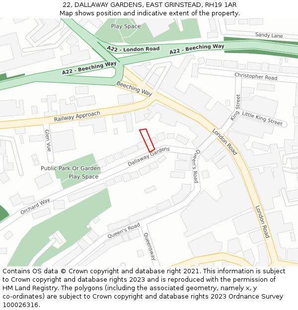 22, DALLAWAY GARDENS, EAST GRINSTEAD, RH19 1AR: Location map and indicative extent of plot