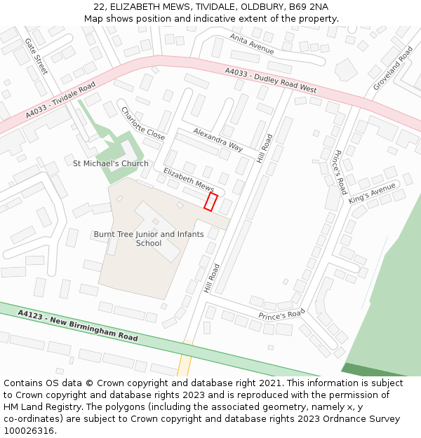 22, ELIZABETH MEWS, TIVIDALE, OLDBURY, B69 2NA: Location map and indicative extent of plot