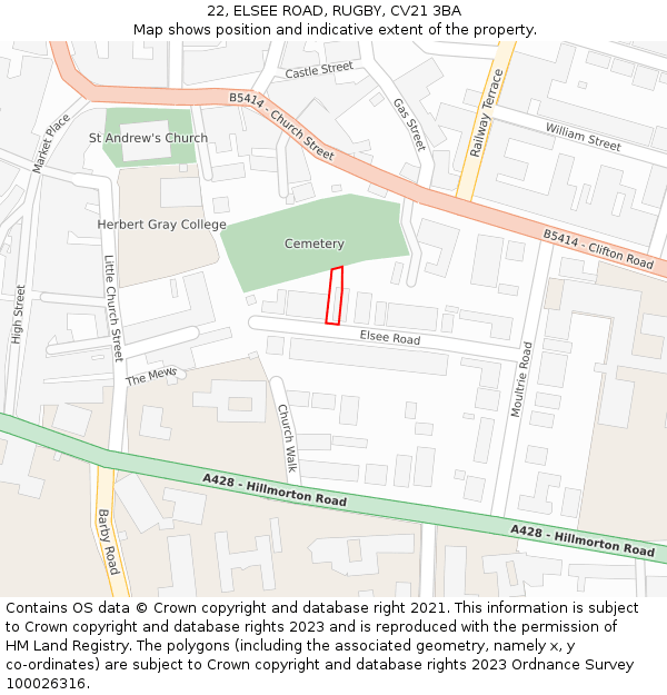 22, ELSEE ROAD, RUGBY, CV21 3BA: Location map and indicative extent of plot