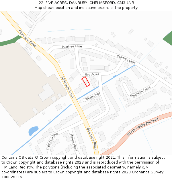 22, FIVE ACRES, DANBURY, CHELMSFORD, CM3 4NB: Location map and indicative extent of plot