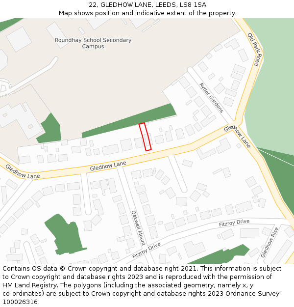 22, GLEDHOW LANE, LEEDS, LS8 1SA: Location map and indicative extent of plot