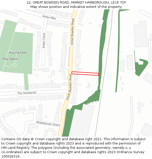 22, GREAT BOWDEN ROAD, MARKET HARBOROUGH, LE16 7DF: Location map and indicative extent of plot