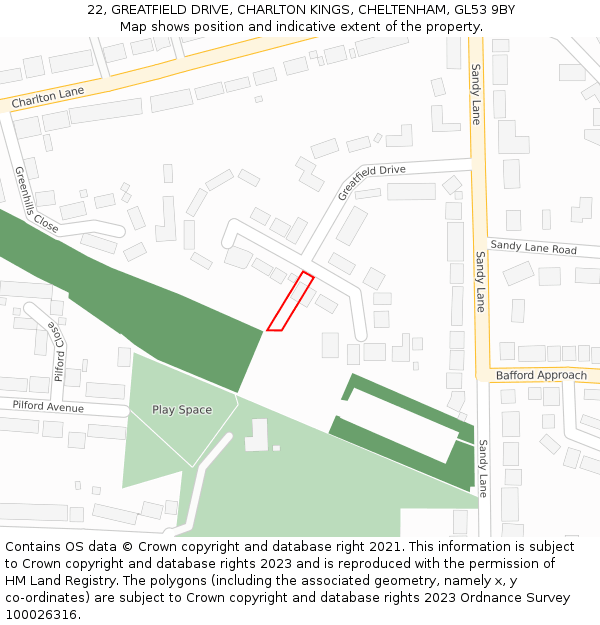 22, GREATFIELD DRIVE, CHARLTON KINGS, CHELTENHAM, GL53 9BY: Location map and indicative extent of plot