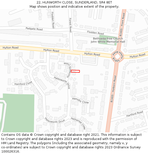 22, HUNWORTH CLOSE, SUNDERLAND, SR4 8ET: Location map and indicative extent of plot