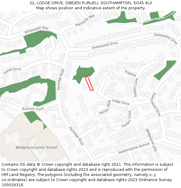 22, LODGE DRIVE, DIBDEN PURLIEU, SOUTHAMPTON, SO45 4LX: Location map and indicative extent of plot
