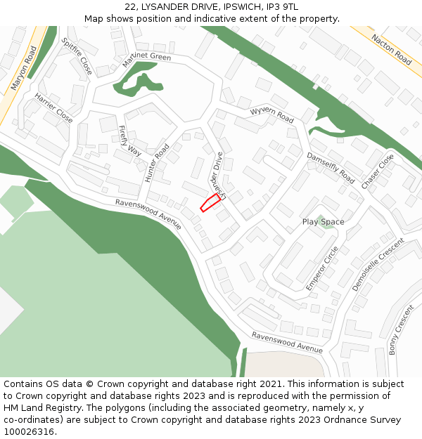 22, LYSANDER DRIVE, IPSWICH, IP3 9TL: Location map and indicative extent of plot