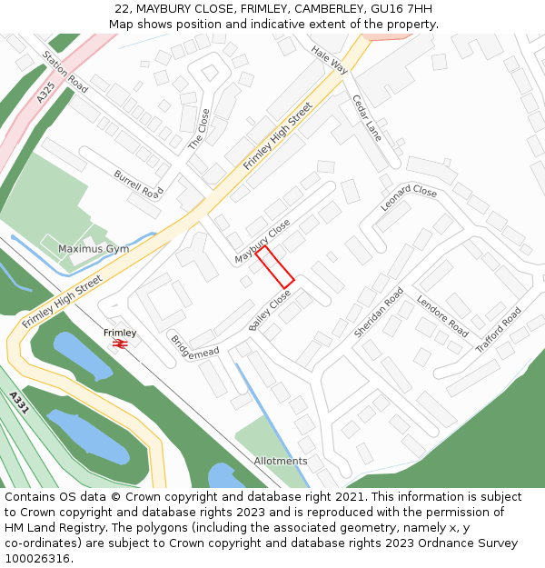 22, MAYBURY CLOSE, FRIMLEY, CAMBERLEY, GU16 7HH: Location map and indicative extent of plot