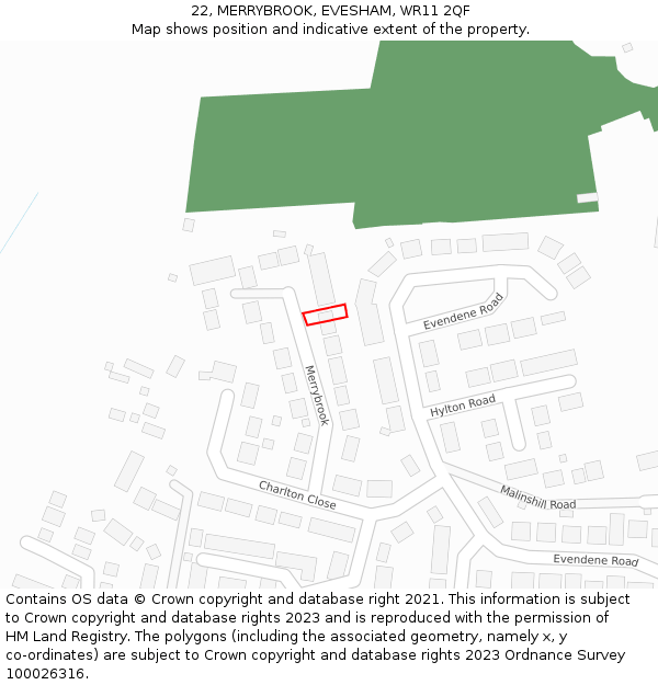 22, MERRYBROOK, EVESHAM, WR11 2QF: Location map and indicative extent of plot