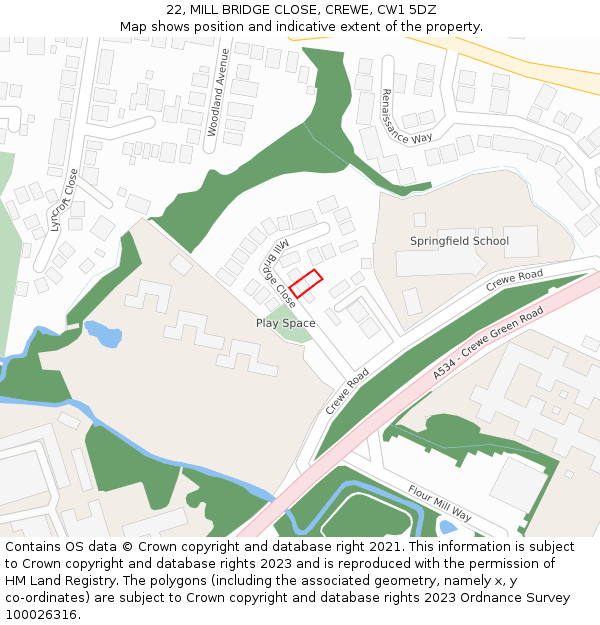 22, MILL BRIDGE CLOSE, CREWE, CW1 5DZ: Location map and indicative extent of plot