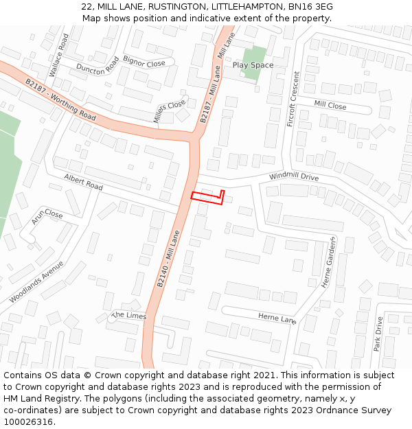 22, MILL LANE, RUSTINGTON, LITTLEHAMPTON, BN16 3EG: Location map and indicative extent of plot