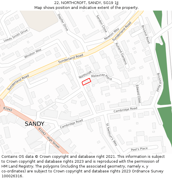 22, NORTHCROFT, SANDY, SG19 1JJ: Location map and indicative extent of plot