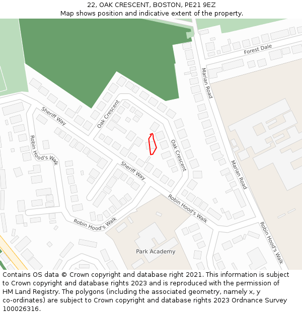 22, OAK CRESCENT, BOSTON, PE21 9EZ: Location map and indicative extent of plot