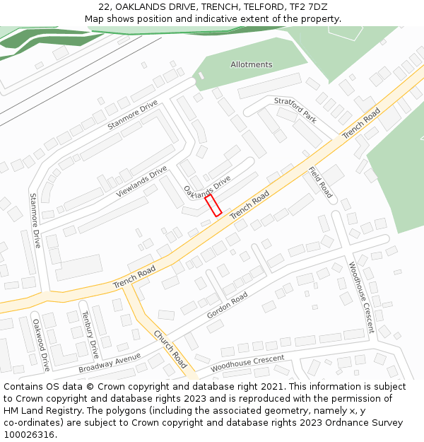 22, OAKLANDS DRIVE, TRENCH, TELFORD, TF2 7DZ: Location map and indicative extent of plot