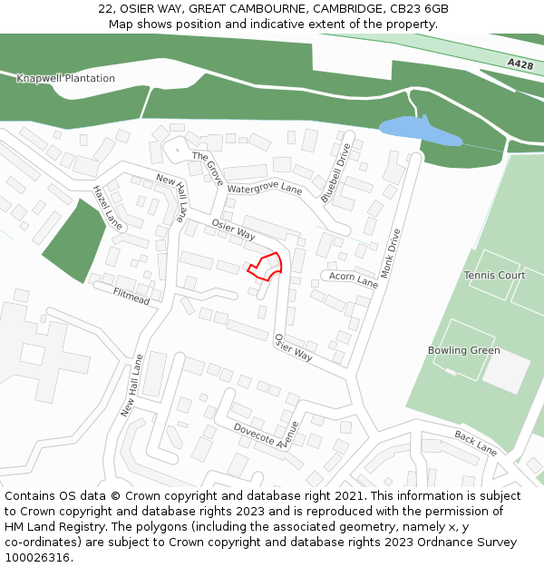 22, OSIER WAY, GREAT CAMBOURNE, CAMBRIDGE, CB23 6GB: Location map and indicative extent of plot