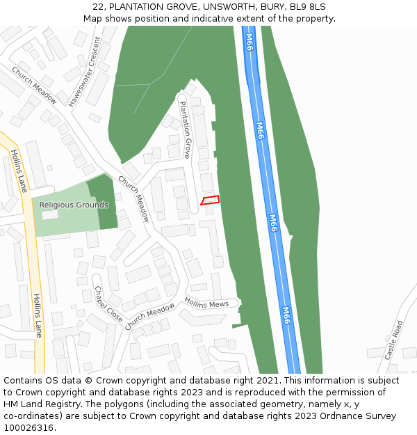 22, PLANTATION GROVE, UNSWORTH, BURY, BL9 8LS: Location map and indicative extent of plot