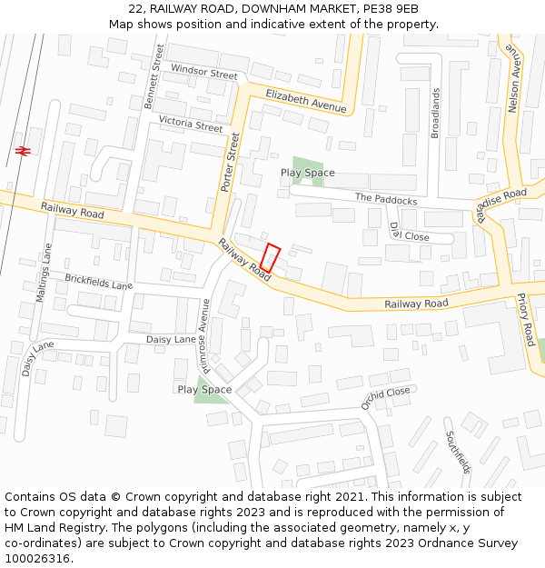 22, RAILWAY ROAD, DOWNHAM MARKET, PE38 9EB: Location map and indicative extent of plot