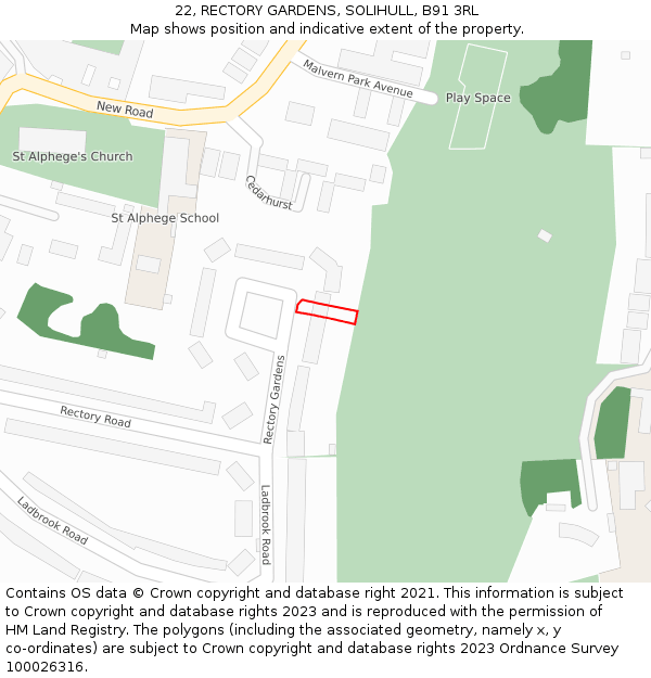 22, RECTORY GARDENS, SOLIHULL, B91 3RL: Location map and indicative extent of plot