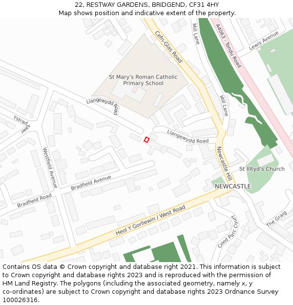 22, RESTWAY GARDENS, BRIDGEND, CF31 4HY: Location map and indicative extent of plot