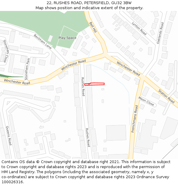 22, RUSHES ROAD, PETERSFIELD, GU32 3BW: Location map and indicative extent of plot