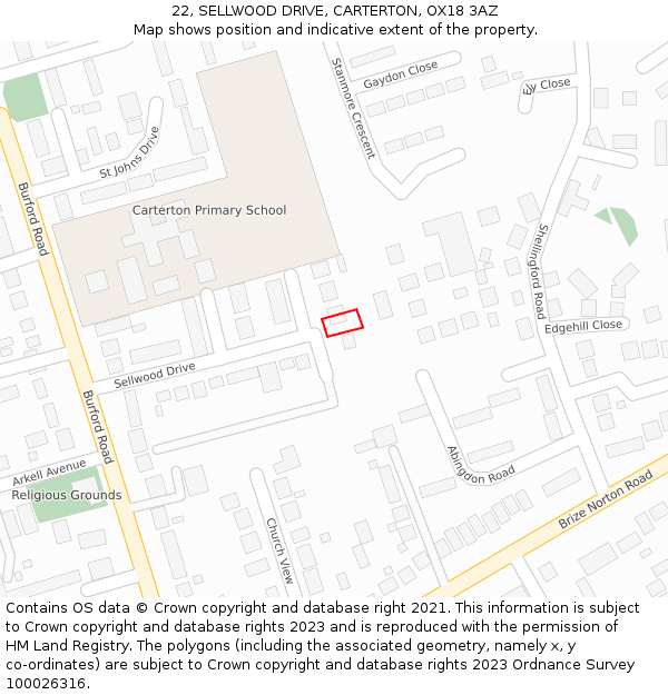 22, SELLWOOD DRIVE, CARTERTON, OX18 3AZ: Location map and indicative extent of plot