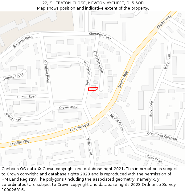 22, SHERATON CLOSE, NEWTON AYCLIFFE, DL5 5QB: Location map and indicative extent of plot