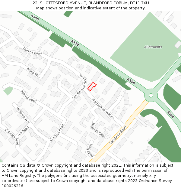 22, SHOTTESFORD AVENUE, BLANDFORD FORUM, DT11 7XU: Location map and indicative extent of plot