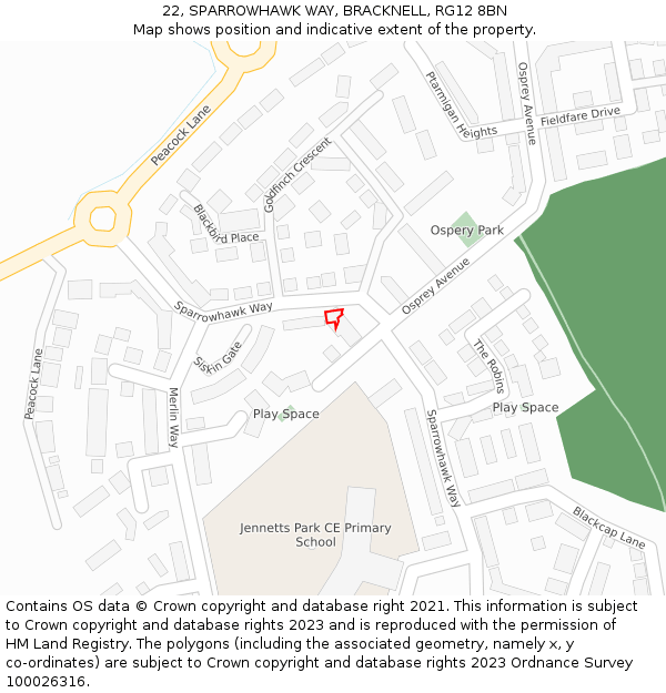 22, SPARROWHAWK WAY, BRACKNELL, RG12 8BN: Location map and indicative extent of plot