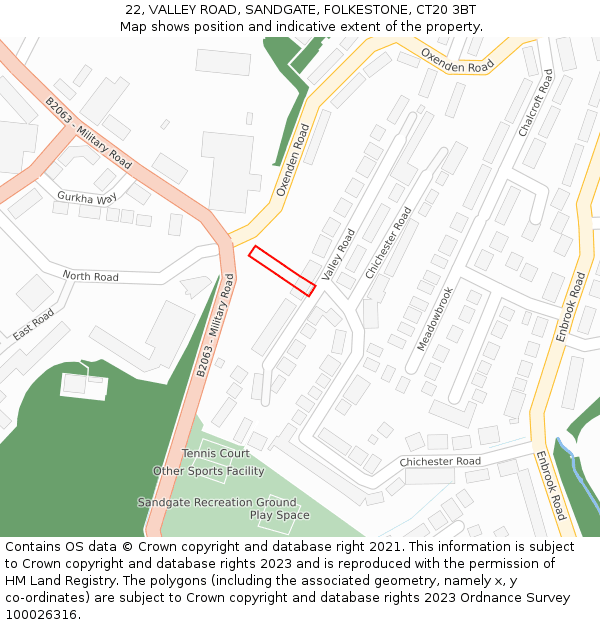 22, VALLEY ROAD, SANDGATE, FOLKESTONE, CT20 3BT: Location map and indicative extent of plot