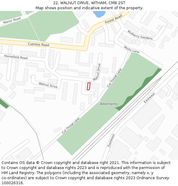 22, WALNUT DRIVE, WITHAM, CM8 2ST: Location map and indicative extent of plot